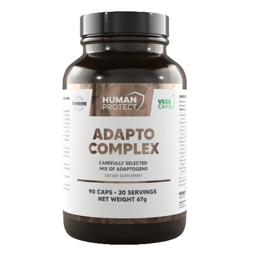 Human Protect Adapto Complex adaptogen dietary supplement, 90 vege capsules, carefully selected mix of adaptogens, in a brown bottle with white label.