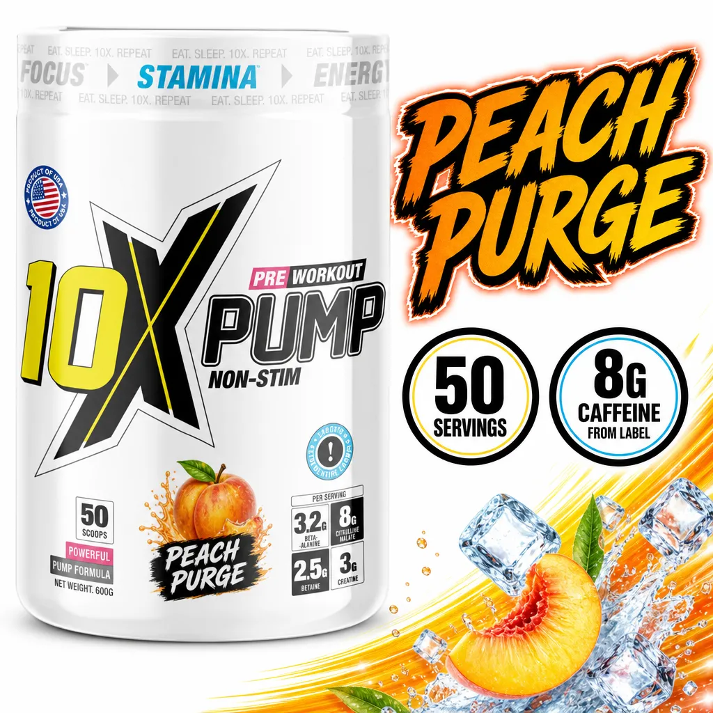 10X Athletic Pump Non-Stim Pre Workout, Peach Purge flavoured powder in a white 600g tub with 50 servings.