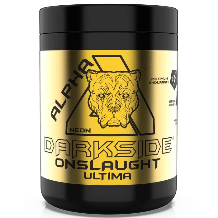 Alpha Neon Darkside Onslaught Ultima pre-workout supplement with a gold and black label, featuring a bulldog illustration and bold branding, known for maximum endurance and insane pumps.