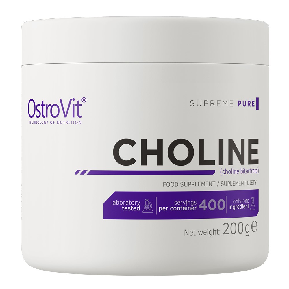 OstroVit Choline 200g choline bitartrate food supplement in powder form, laboratory tested with 400 servings per container, white and purple packaging.