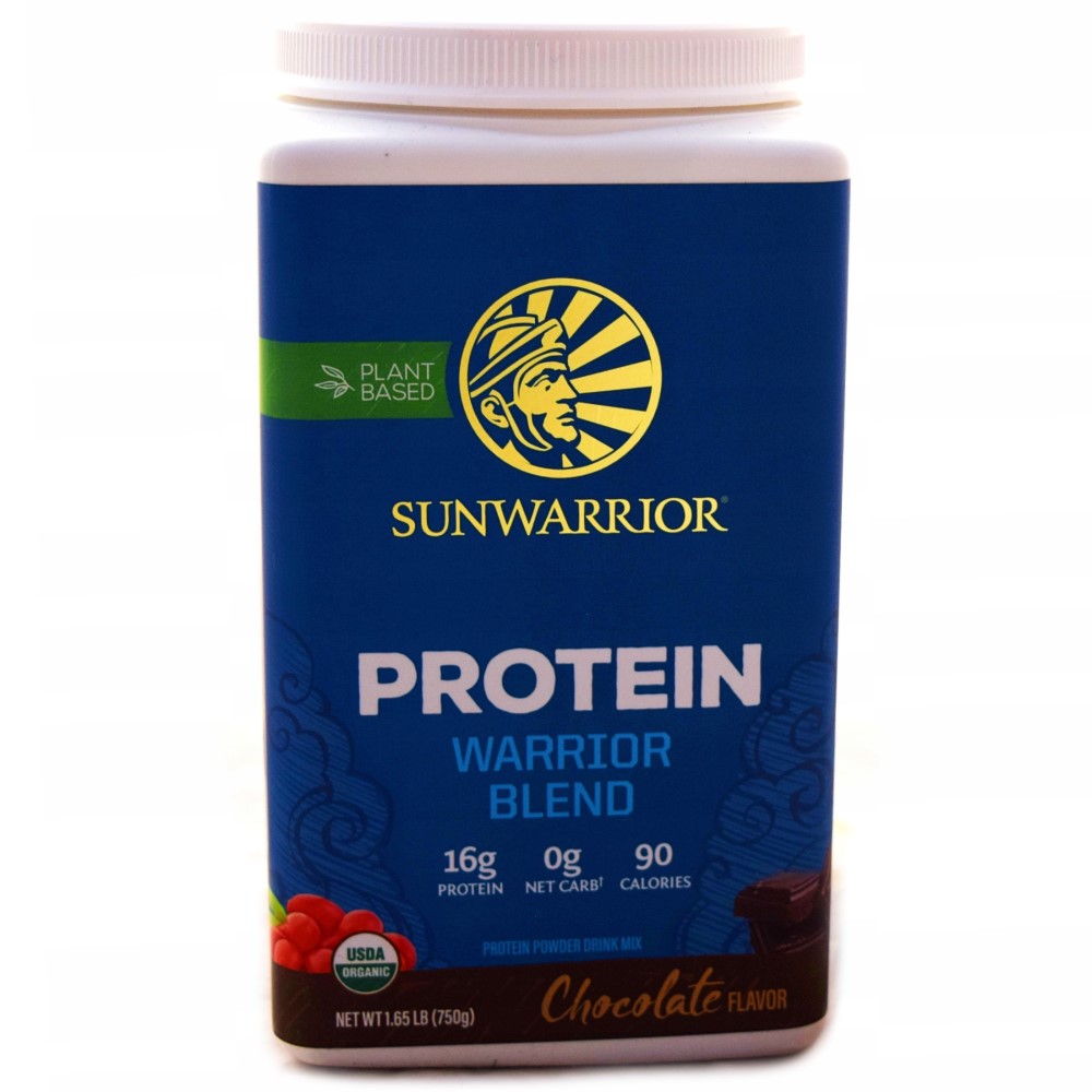 Sunwarrior Protein Warrior Blend chocolate flavor, a plant-based organic protein powder in a 750g container, providing 16g protein per serving.