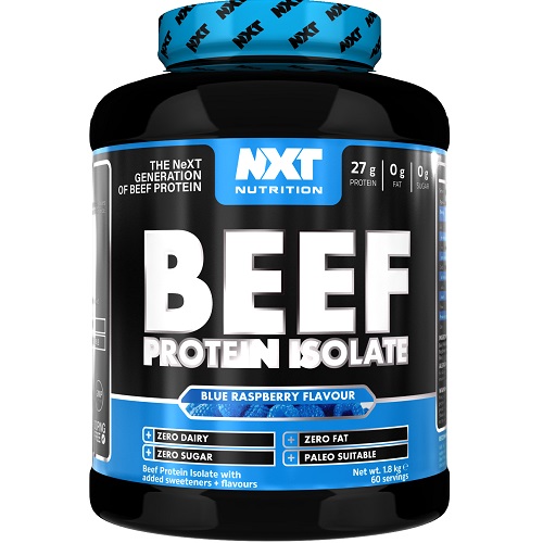 NXT Nutrition Beef Protein Isolate 1800g packaging, black tub with product branding and nutrition details