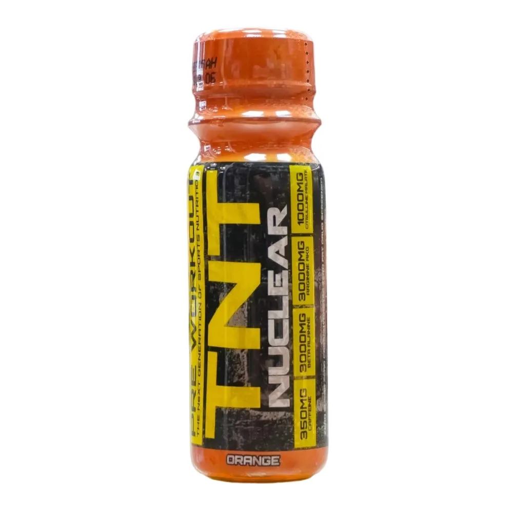 TNT Nuclear Orange pre-workout shot, orange-flavour, single serving, in a small orange bottle. Contains 350mg, 3000mg, and 1000mg of key ingredients as listed on the label.