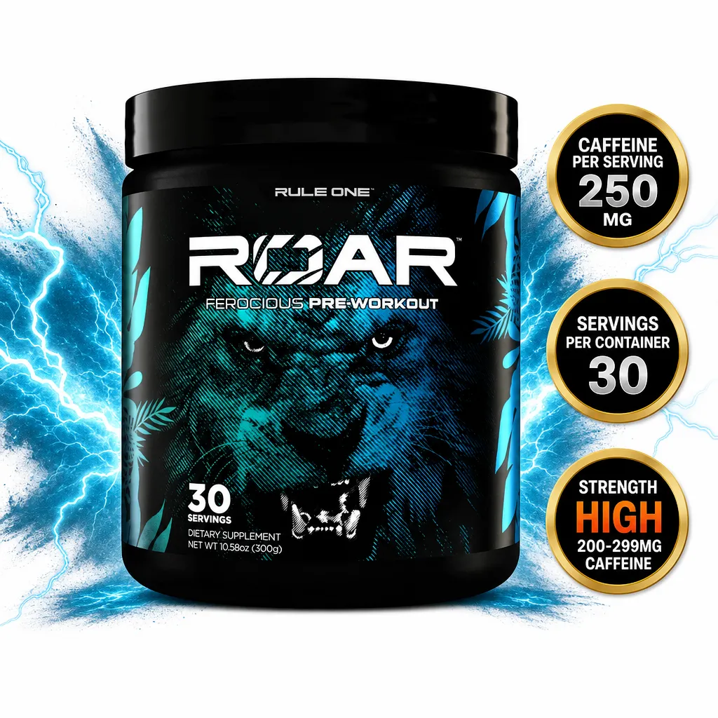 Rule One Roar 30 Servings pre-workout supplement in a black and blue tub with 250 mg caffeine per serving
