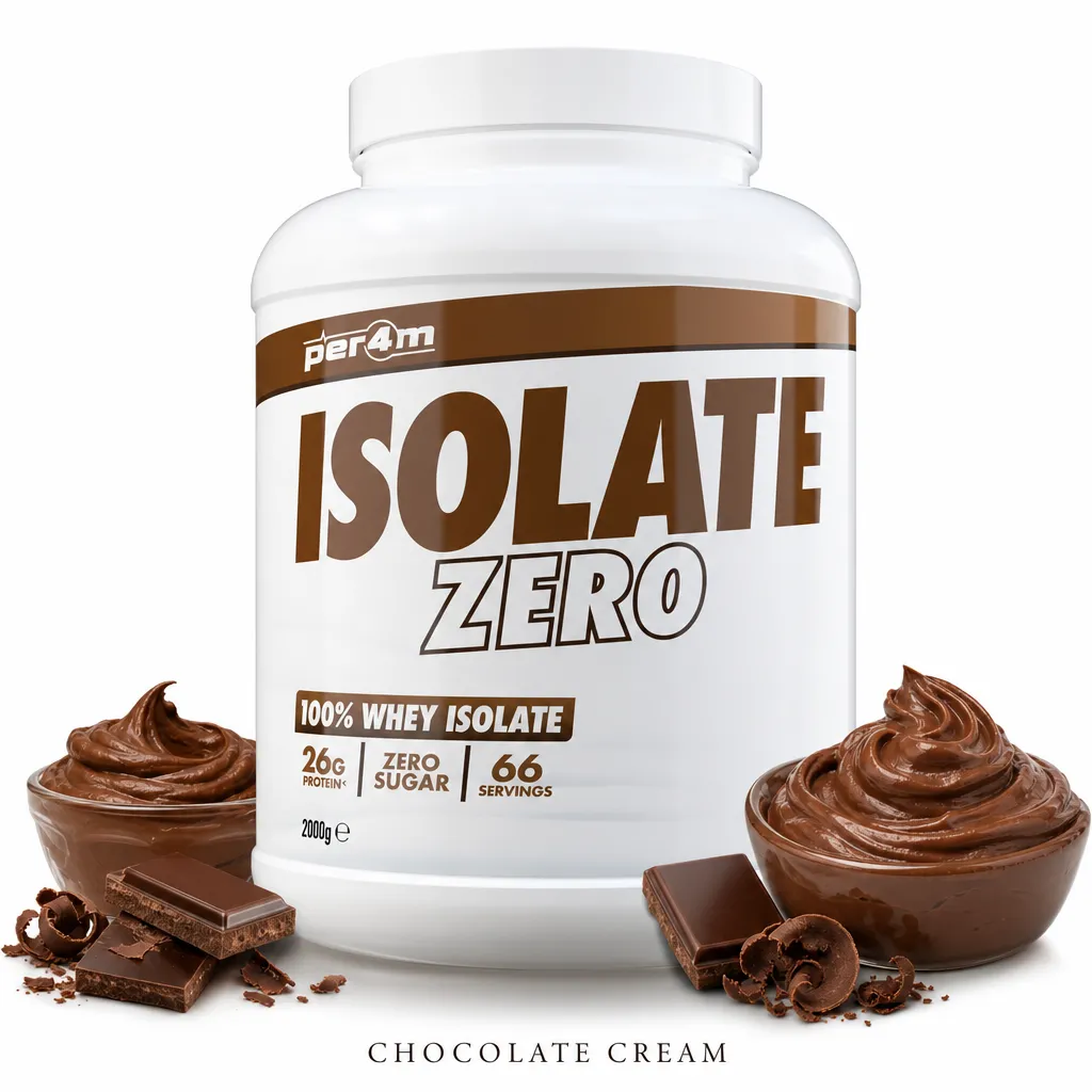 Per4m Isolate Zero 2000g Chocolate Cream whey protein isolate powder with zero sugar, 26g protein per serving, and 66 servings per container.
