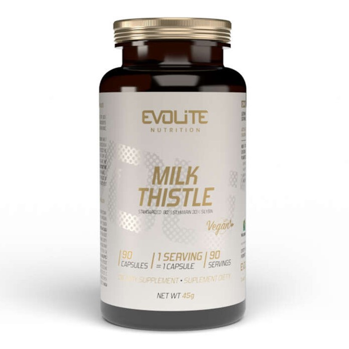 Evolite Milk Thistle is a dietary supplement with 90 vegan capsules, each containing standardized silymarin, designed to support liver health. The bottle is brown with a gold cap and white label.