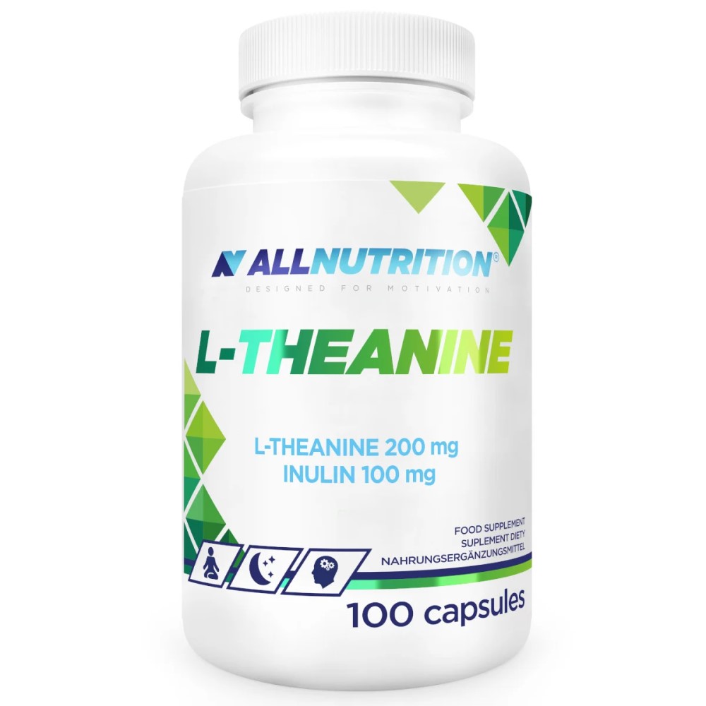 Close-up of Allnutrition L-Theanine capsules, white gelatin capsules displayed next to the supplement bottle