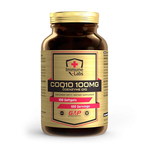 Immune Labs CoQ10 100mg coenzyme Q10 dietary supplement, 100 softgels per bottle, gold label, antioxidant support, brown bottle