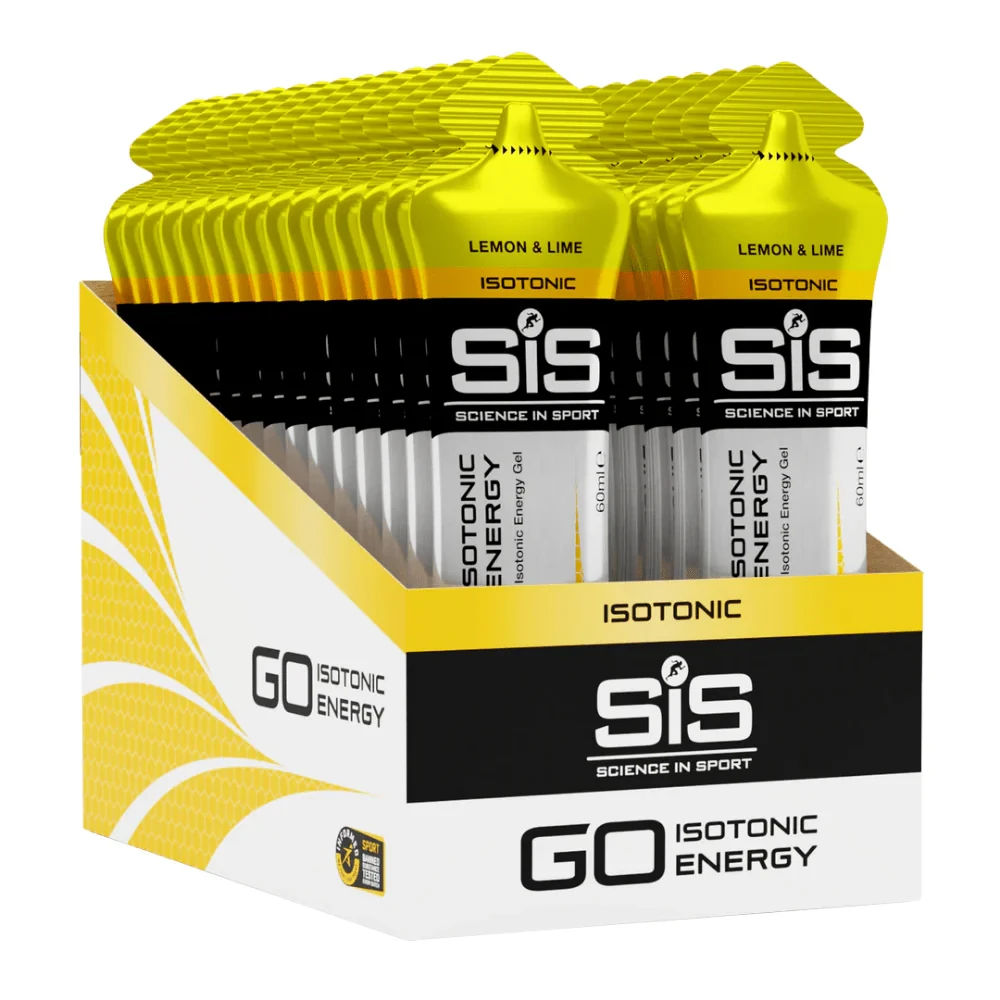 SiS GO Isotonic Energy Gel 60ml x10 Lemon Lime by Science in Sport, a box of 10 single-serve isotonic carbohydrate gels for rapid energy during endurance sports.