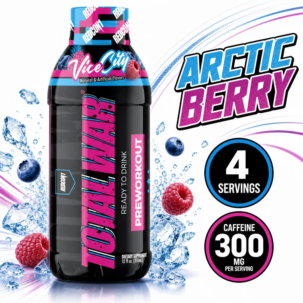Redcon1 Total War RTD pre-workout drink in Arctic Berry flavour, 355ml bottle with 300mg caffeine and four servings