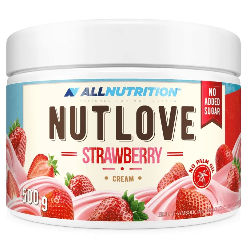 ALLNUTRITION NUTLOVE Strawberry Cream, 500 g strawberry-flavoured creamy spread in a white tub with pink and red strawberry graphics.