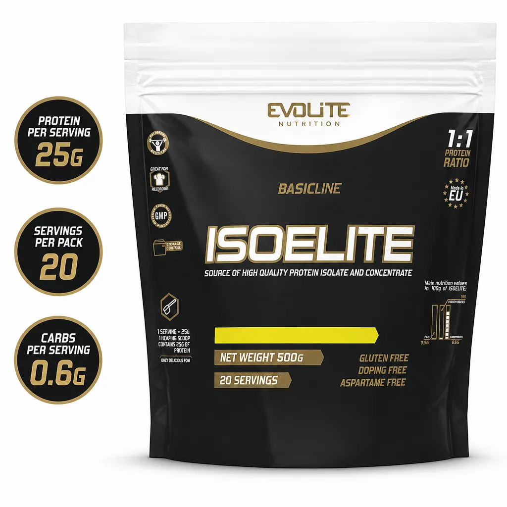 Evolite Nutrition IsoElite whey protein powder, 500g black pouch with 1:1 isolate and concentrate blend and 20 servings