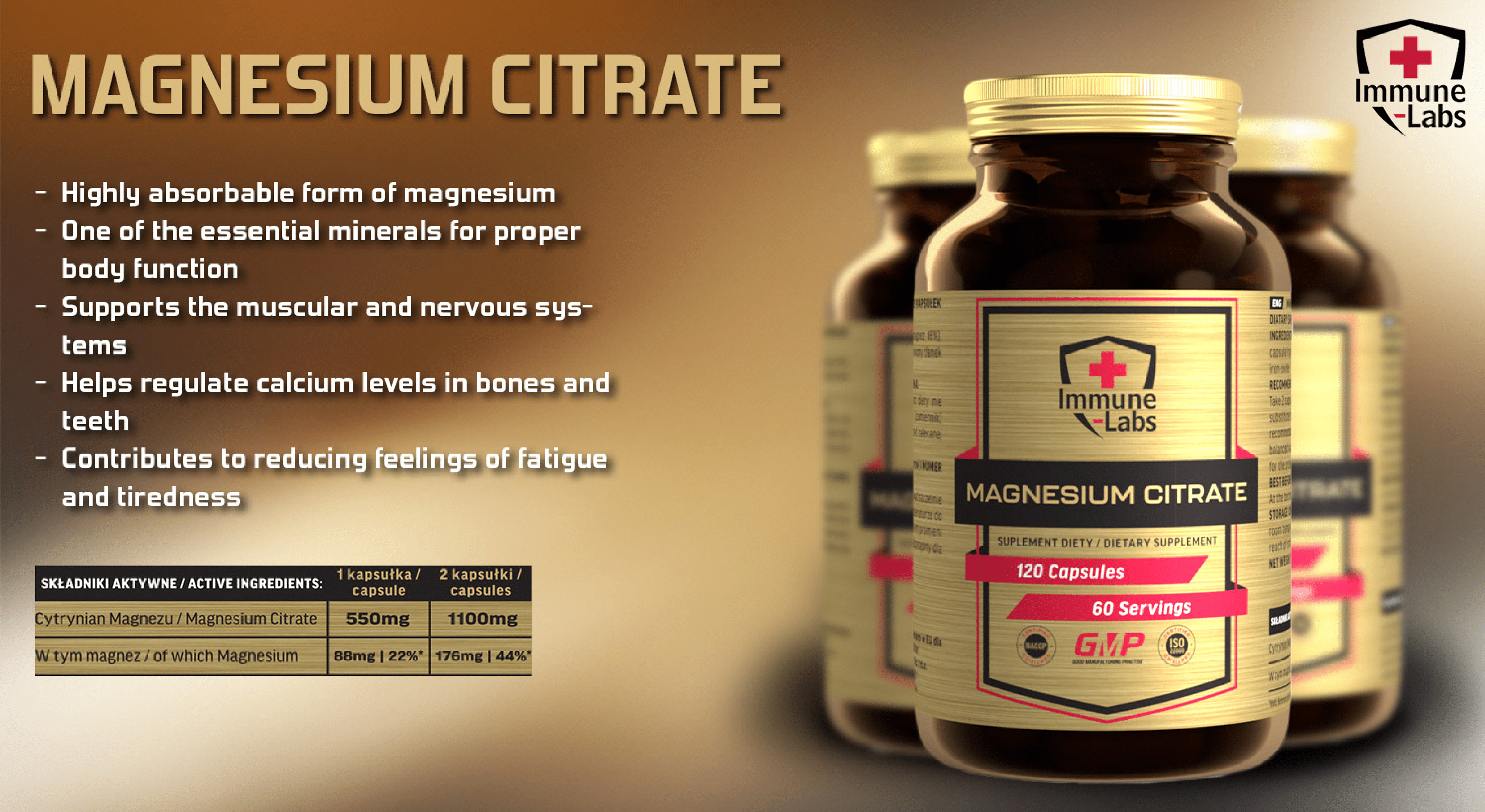 Immune Labs Magnesium Citrate dietary supplement, 120 capsules per bottle, providing 550mg magnesium citrate per capsule, in a brown bottle with a gold label and lid.