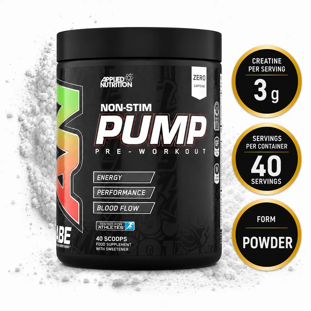 Applied Nutrition ABE Pump 500g is a stimulant-free pre-workout powder in a black tub with 40 servings.