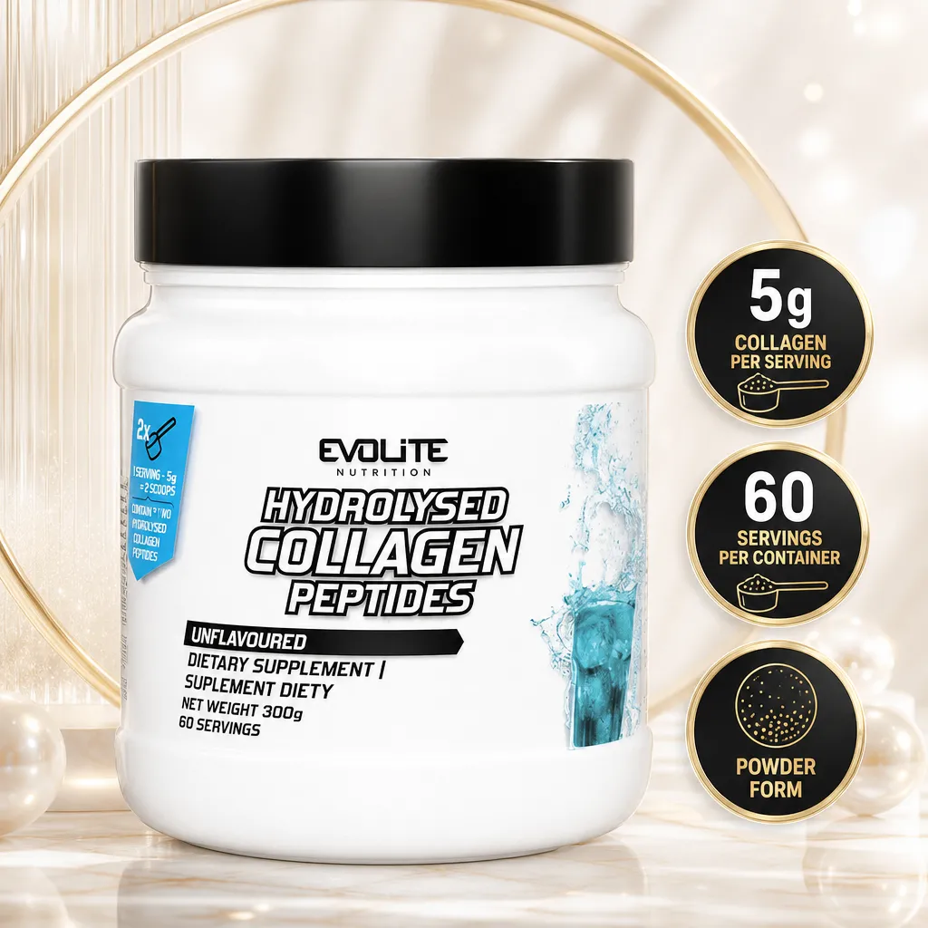Evolite Collagen 300g hydrolyzed collagen peptide powder supplement, unflavoured, with 5g per serving and 60 servings