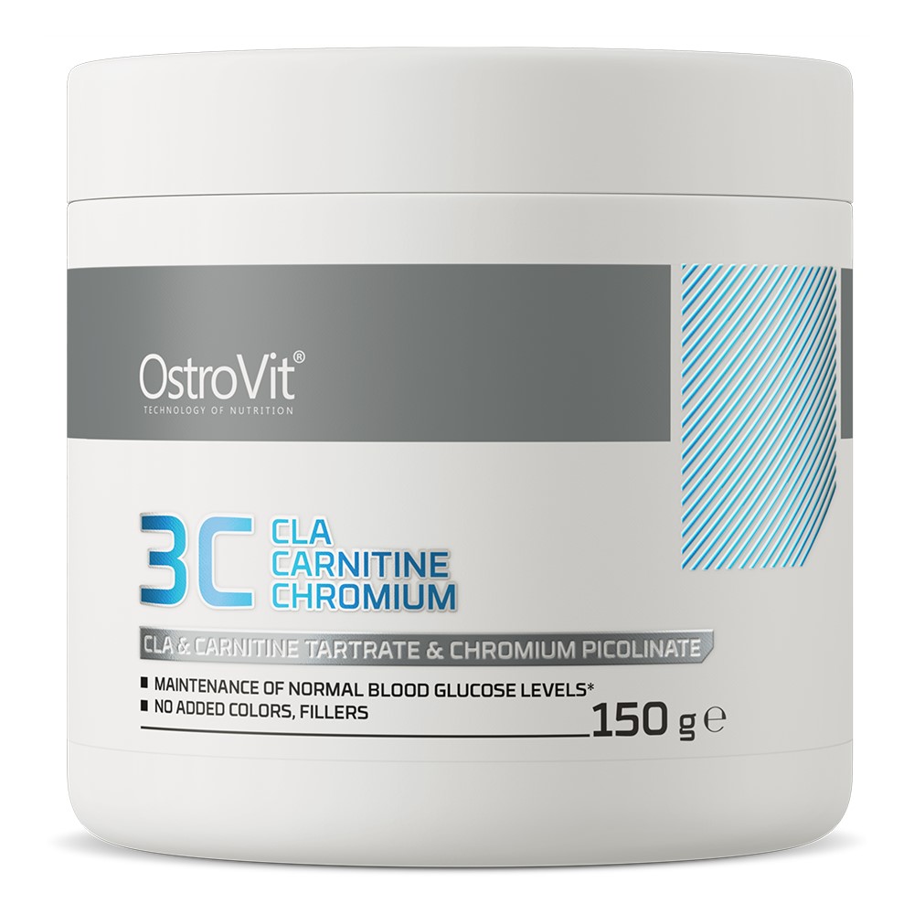 OstroVit 3C CLA Carnitine Chromium 150g dietary supplement with CLA, carnitine tartrate, and chromium picolinate, in a white container with blue and grey accents.