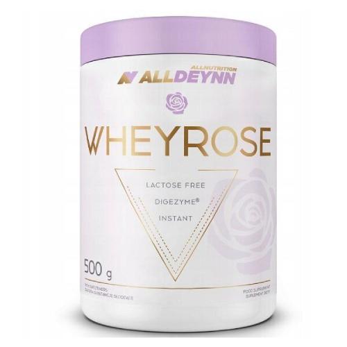 ALLDEYNN Wheyrose 500g lactose free instant whey protein supplement with DigeZyme, in a white and lavender tub.