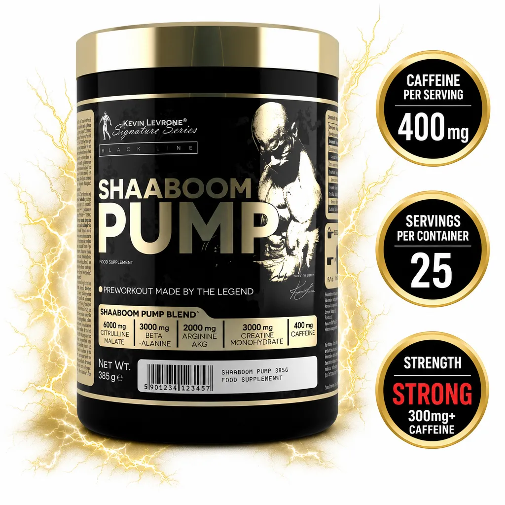 Kevin Levrone Shaaboom Pump 385g pre-workout powder supplement in a black and gold tub with 400mg caffeine per serving