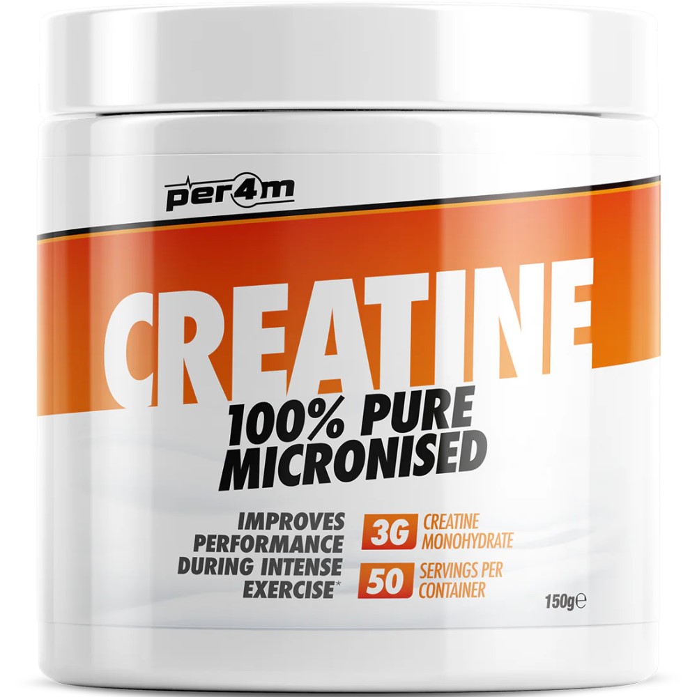 Per4m Creatine 100% Pure Micronised 150g creatine monohydrate supplement, white tub with orange label, 3g per serving, 50 servings per container.