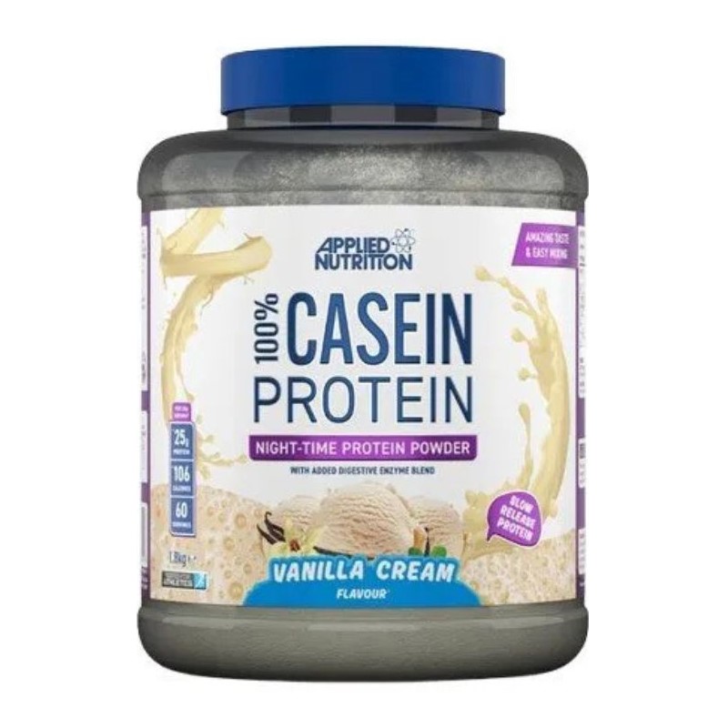 Applied Nutrition 100% Casein Protein 1800g tub, likely with branded label and product details on the container