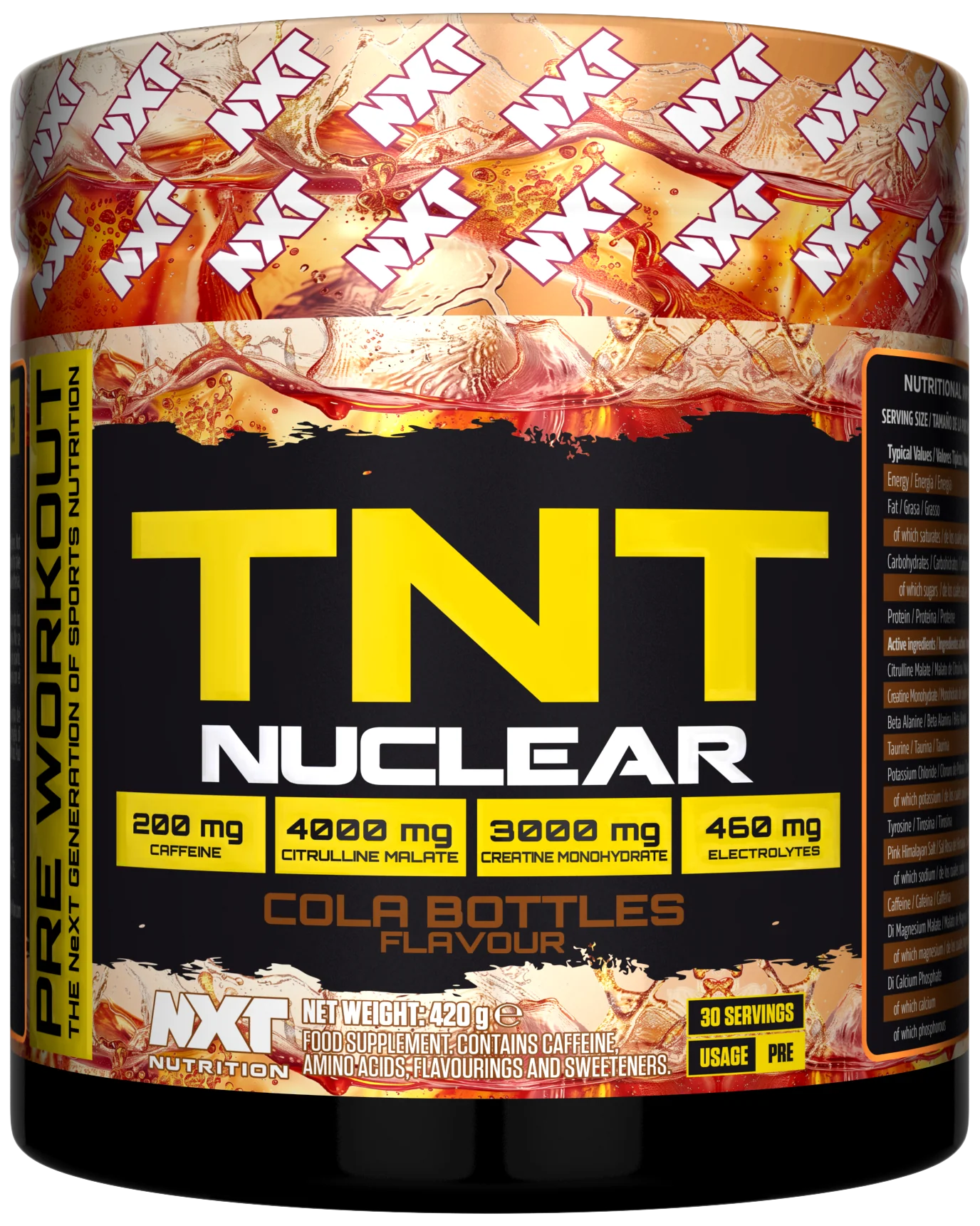 NXT Nutrition TNT Nuclear 420g pre-workout powder in a tub, displayed on a plain background.