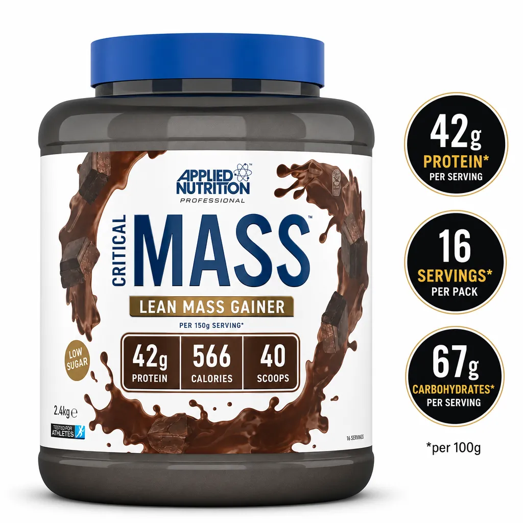 Applied Nutrition Critical Mass Professional 2400g chocolate lean mass gainer powder supplement with 42g protein per serving
