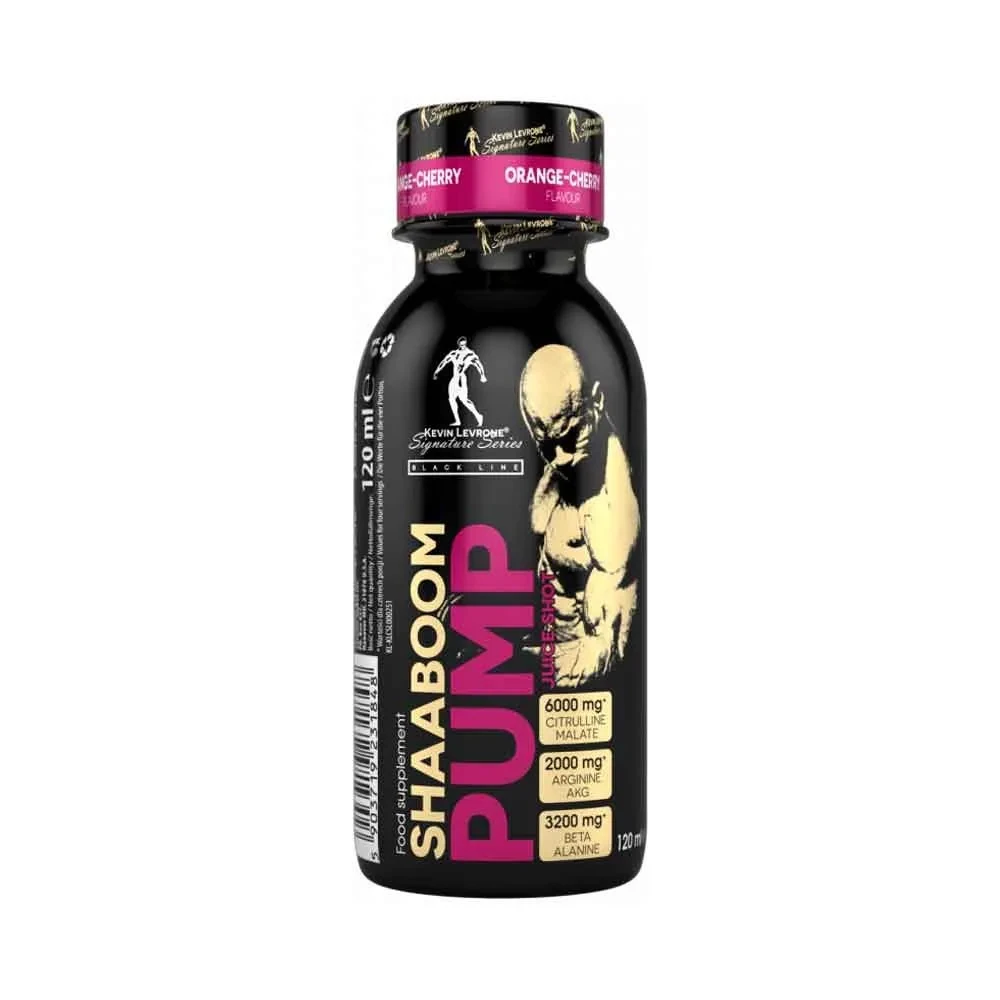 Kevin Levrone Shaaboom Pump Shot pre-workout supplement, 120 ml liquid shot in a black bottle, Orange Cherry flavour.