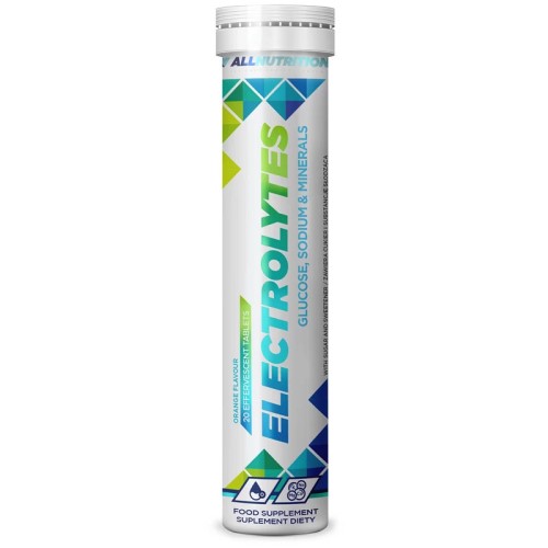 Allnutrition Electrolytes 20 effervescent tabs orange flavour, a food supplement with glucose, sodium, and minerals in a white tube with geometric blue and green accents.