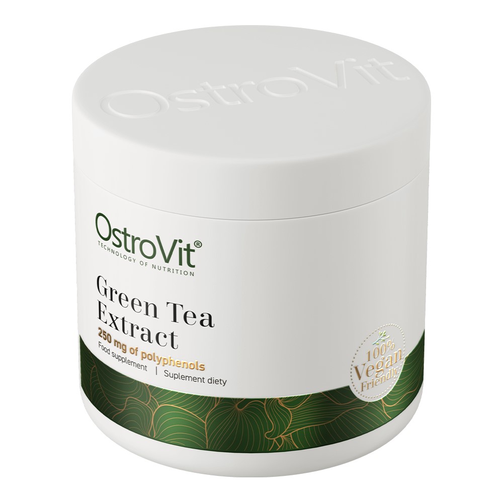 OstroVit Green Tea Extract 250mg polyphenols vegan-friendly food supplement in a white and green container, suitable for dietary supplementation.