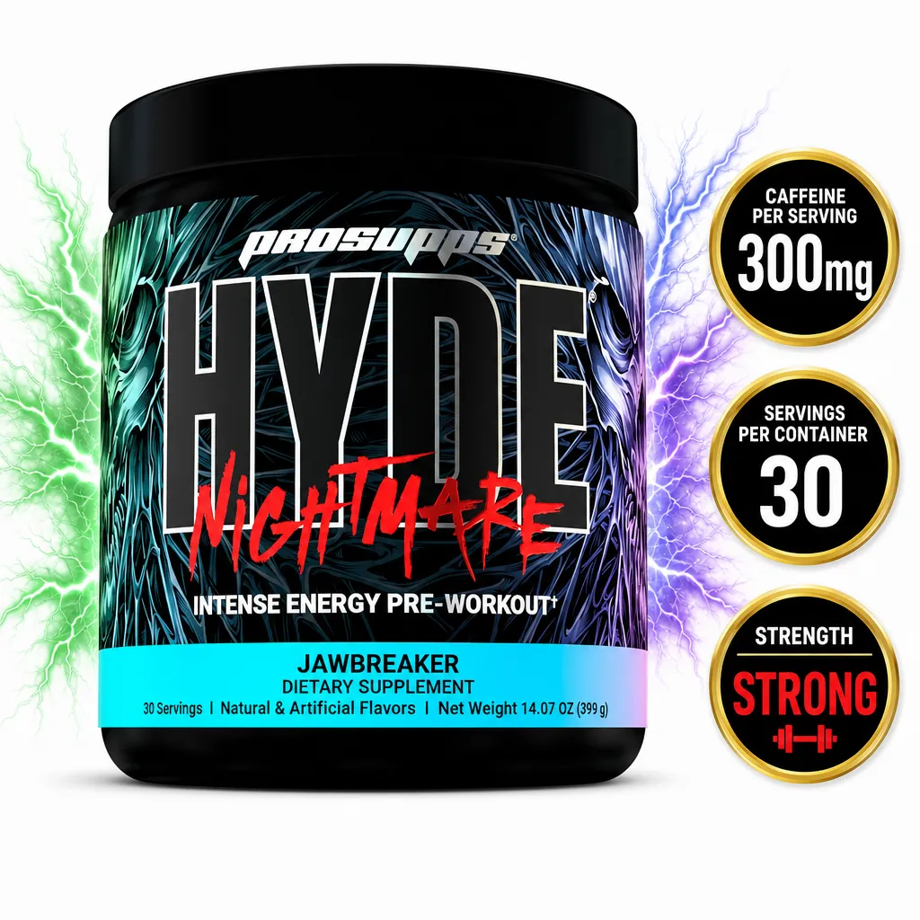 ProSupps Hyde Nightmare Jawbreaker pre-workout dietary supplement, 30 servings, 399 g tub with black and turquoise packaging