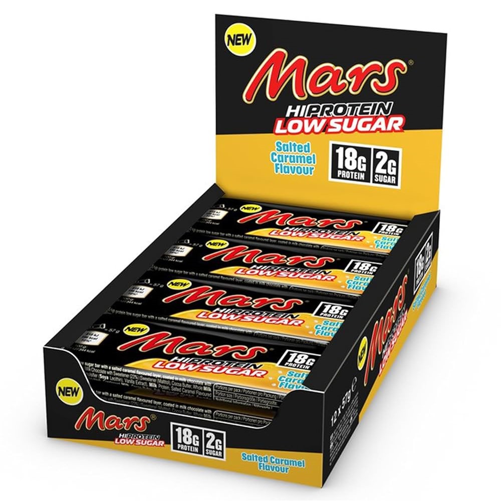 Mars HiProtein Low Sugar Salted Caramel Flavour protein bar multipack, featuring 18g protein and 2g sugar per bar, in a black and yellow box.