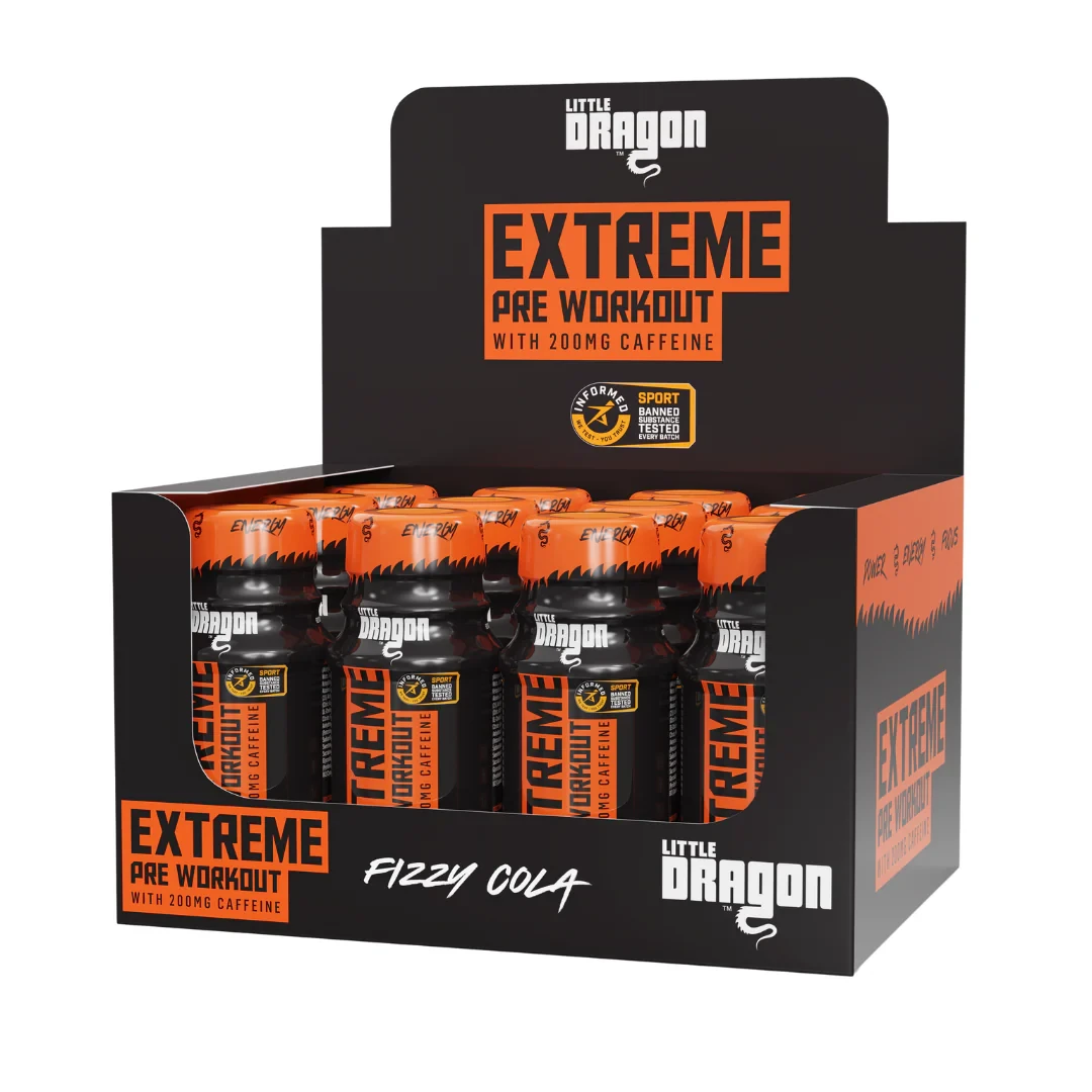 Little Dragon Extreme Pre Workout Shot Fizzy Cola, 60ml x12 pack, high-caffeine pre-workout supplement with amino acids and B vitamins, sugar-free and fat-free.