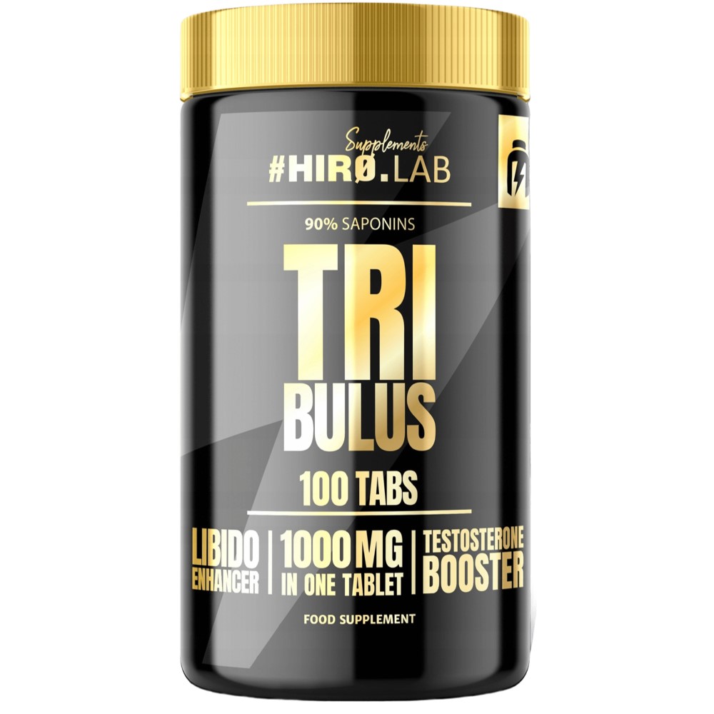 Hiro Lab Tribulus 100 Tabs testosterone booster supplement with 1000mg per tablet and 90% saponins, black and gold packaging.