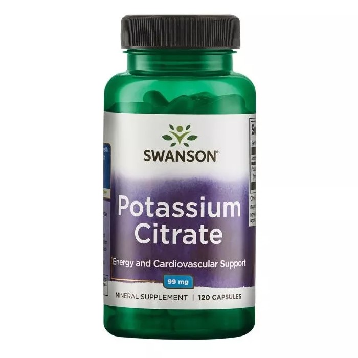 Swanson Potassium Citrate 99mg mineral supplement in a green bottle with 120 capsules, designed for energy and cardiovascular support.