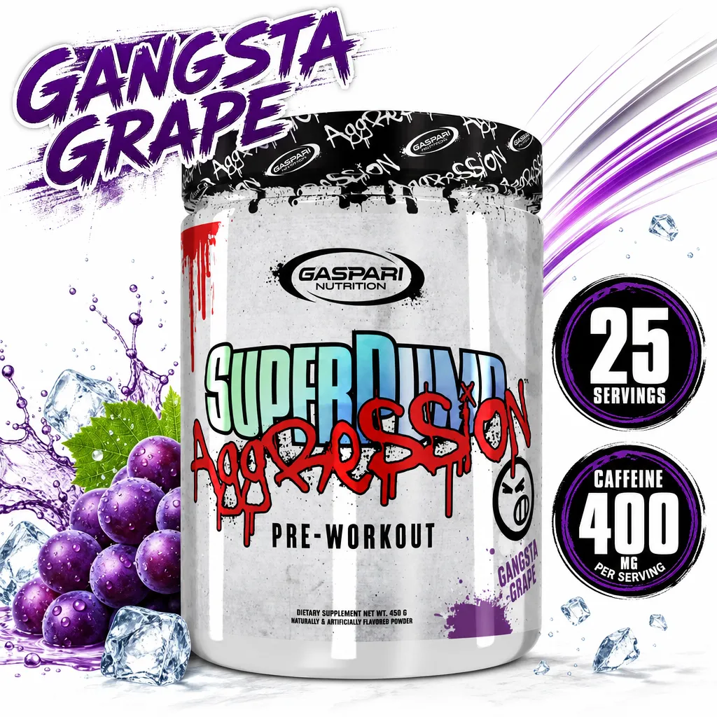 Gaspari Nutrition SuperPump Aggression pre-workout powder, Gangsta Grape flavour, 450g tub with 25 servings