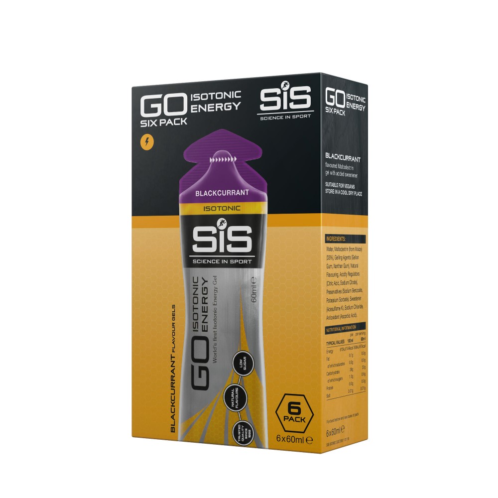 SiS GO Isotonic Energy Gel 6x60ml blackcurrant flavour, an isotonic energy gel for athletes, shown in a six-pack box with purple and yellow design.