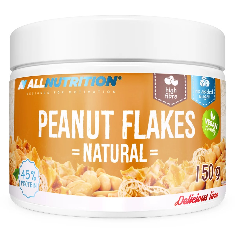 Allnutrition Peanut Flakes 150g Natural, crunchy light brown defatted peanut flakes in a clear or branded package