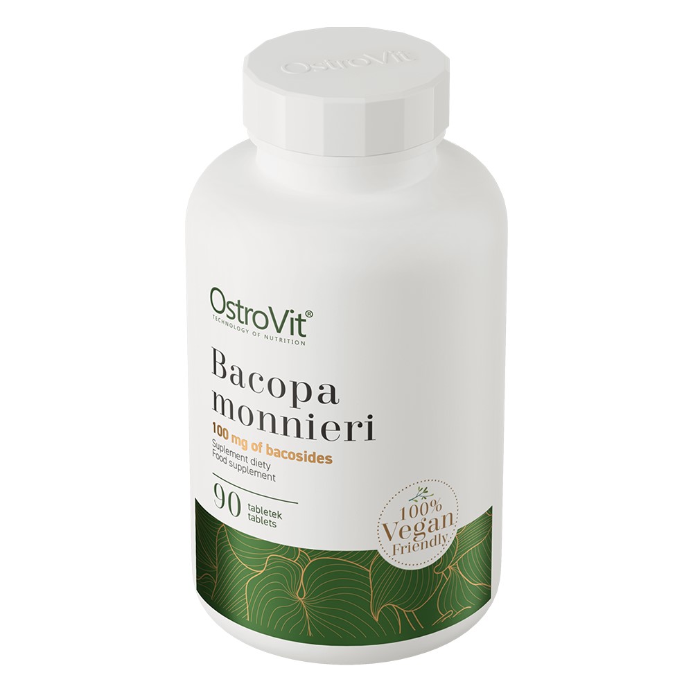 OstroVit Bacopa Monnieri 90 tablets vegan-friendly dietary supplement with 100 mg of bacosides, in a white and green bottle.
