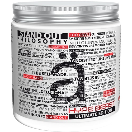 Nano Supps Hype Beast Ultimate Edition pre-workout supplement with motivational text design, 30 servings, in a white container with bold black and red accents.