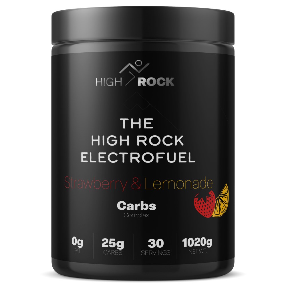 High Rock Electrofuel Strawberry & Lemonade is a carbohydrate complex supplement with 30 servings, 25g carbs per serving, and 0g fat, in a black container.