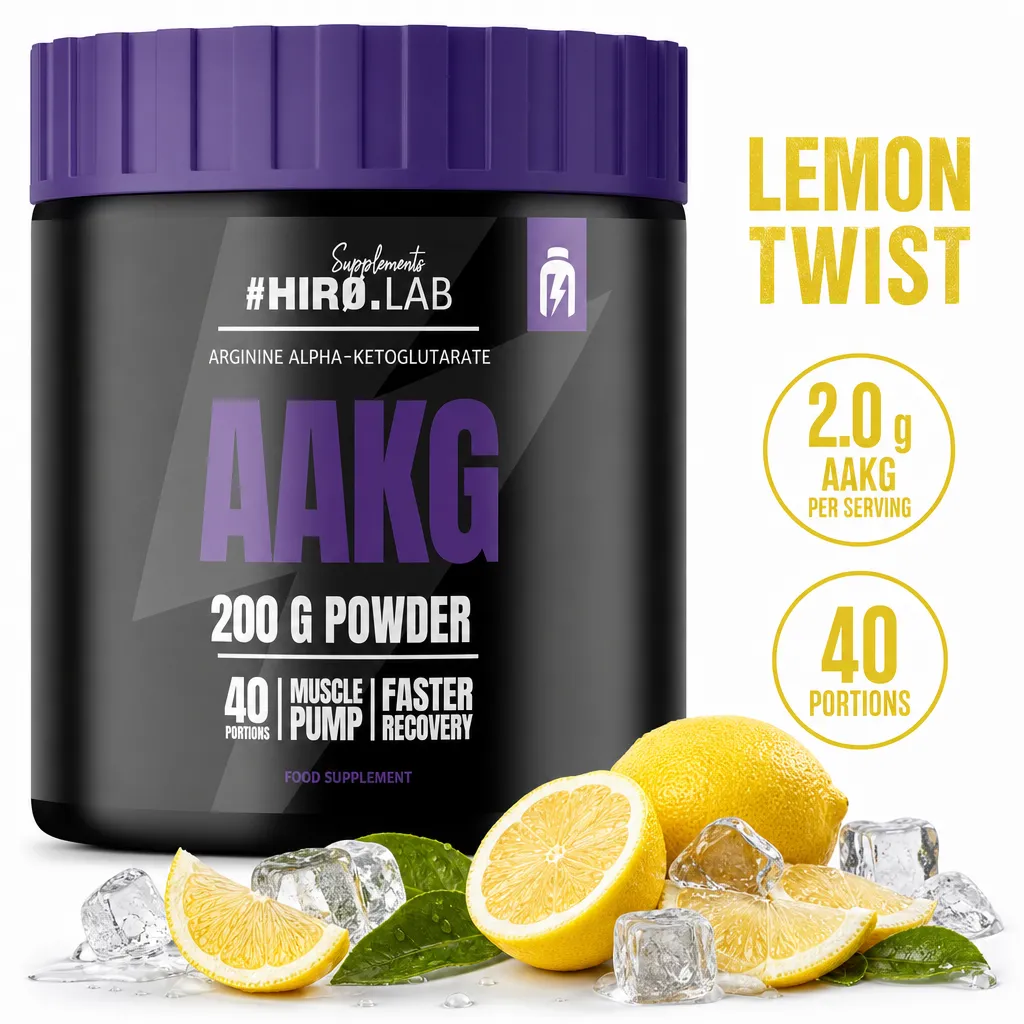 Hiro Lab AAKG 200g lemon twist powder supplement in a black tub with purple lid, providing 2g AAKG per serving and 40 portions.