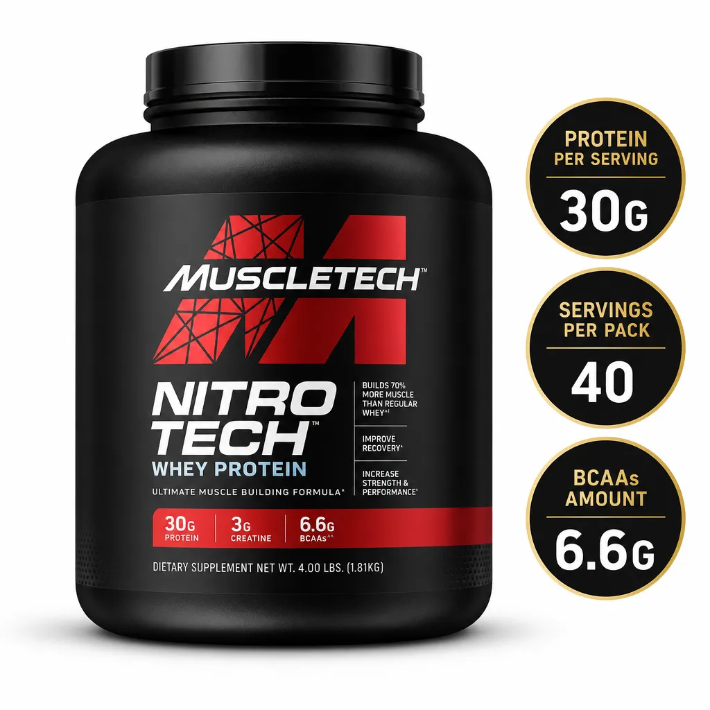 MuscleTech Nitro-Tech whey protein supplement, 40 servings, with 30g protein, 3g creatine and 6.6g BCAAs per serving