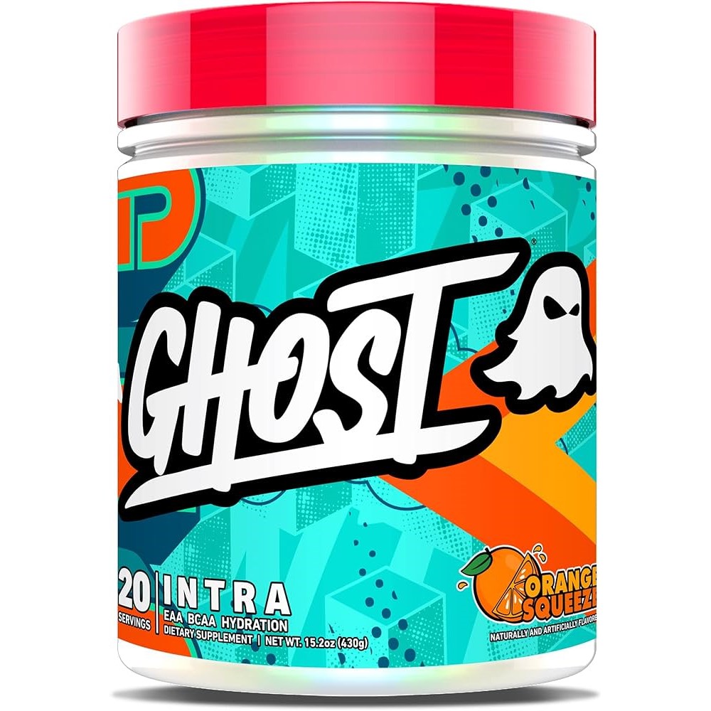 Ghost Intra EAA BCAA hydration supplement, 20 servings, Orange Squeeze flavor, in a turquoise and orange container with a red lid.