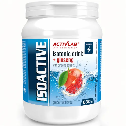 ActivLab Iso Active + Ginseng 630g Grapefruit isotonic drink powder for hydration and energy, featuring grapefruit flavour and ginseng extract, in a white plastic container.