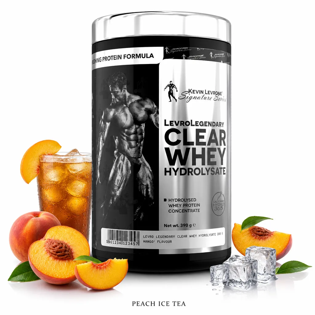 Kevin Levrone Levro Legendary Clear Whey Hydrolysate 390g Peach Ice Tea flavour, a hydrolysed whey protein supplement for rapid absorption and lean muscle support, shown with peach slices and iced tea.