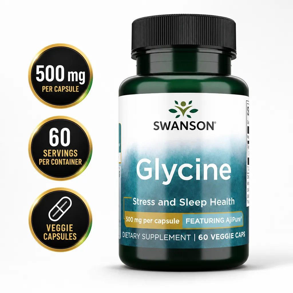 Swanson Glycine 500mg dietary supplement with 60 veggie capsules, featuring stress and sleep health support