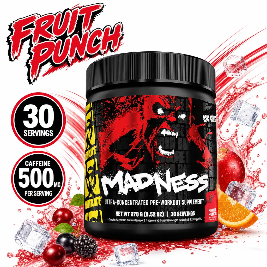 Mutant Madness Fruit Punch pre-workout supplement, 30 servings, ultra-concentrated powder with 500 mg caffeine per serving