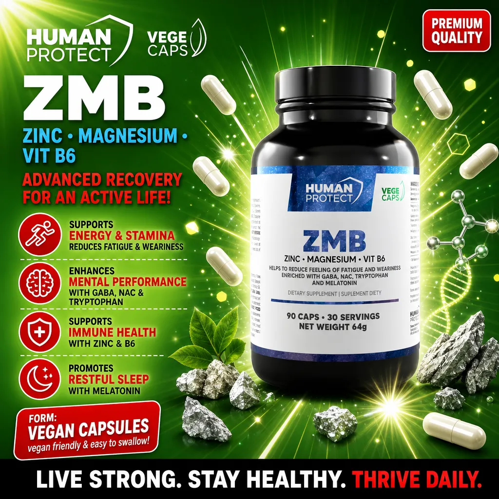 Human Protect ZMB 90 Vege Caps bottle with label showing supplement details and vegan-friendly capsules