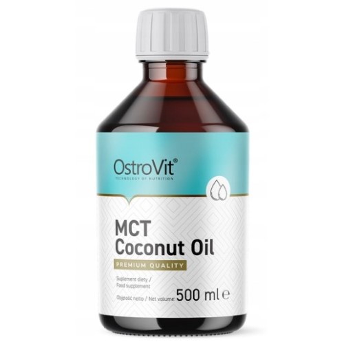 OstroVit MCT Coconut Oil 500ml premium quality food supplement in a brown bottle with a grey cap, designed for nutrition and dietary support.