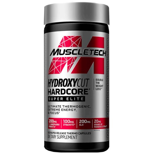 MuscleTech Hydroxycut Hardcore Super Elite dietary supplement, 100 rapid-release thermo capsules, designed for thermogenic, energy, and focus support, in a silver and black bottle.